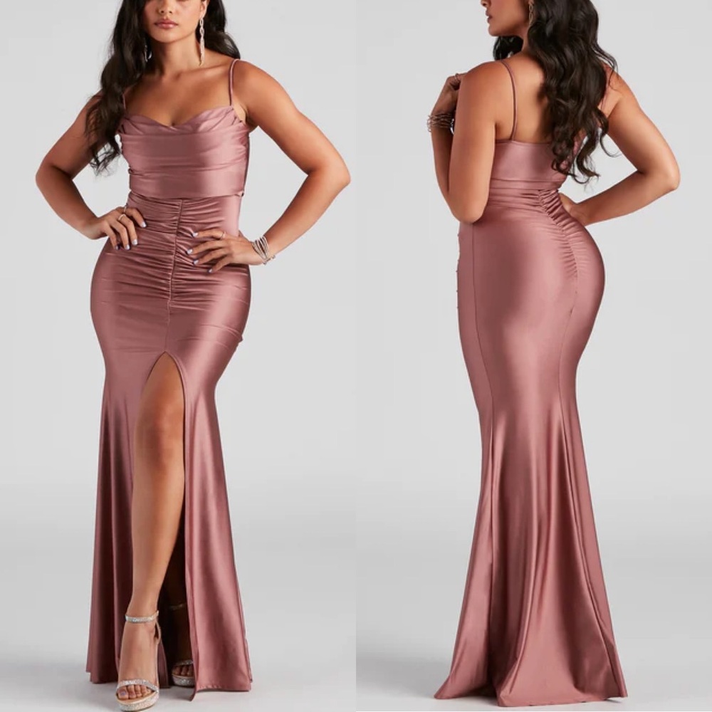 Satin Ruched Slip Prom Dress with Front Slit - Rose Brown